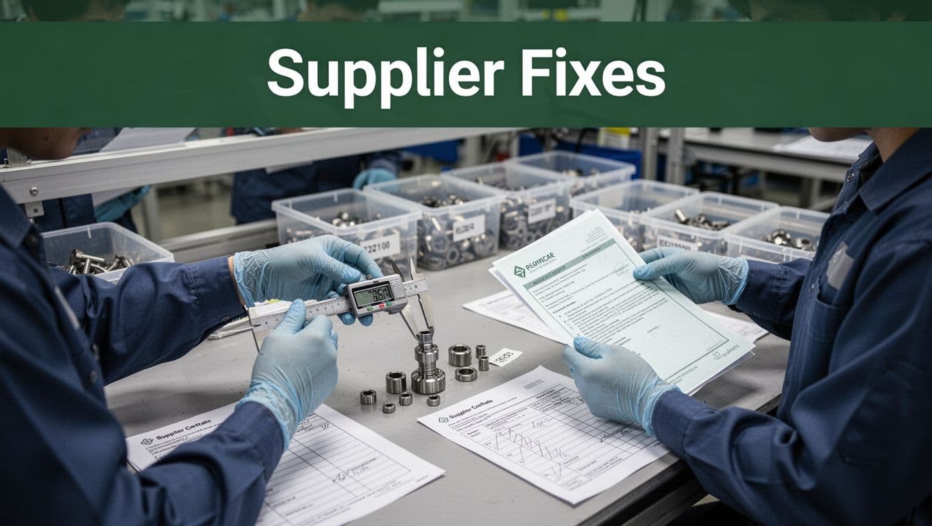 Two gloved production line workers at a supplier incoming inspection station: one measures a small machined part with a digital caliper, the other reviews supplier certificates and lot labels on an organized workbench with checklists in a clean modern factory.