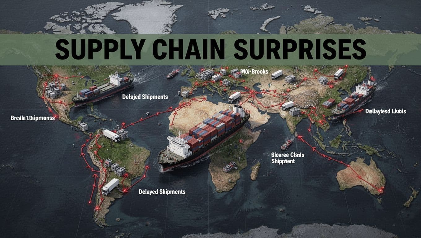 Global supply chain map depicting disruptions with broken links, delayed shipments, stuck cargo ships and trucks, and a warehouse with mismatched parts.