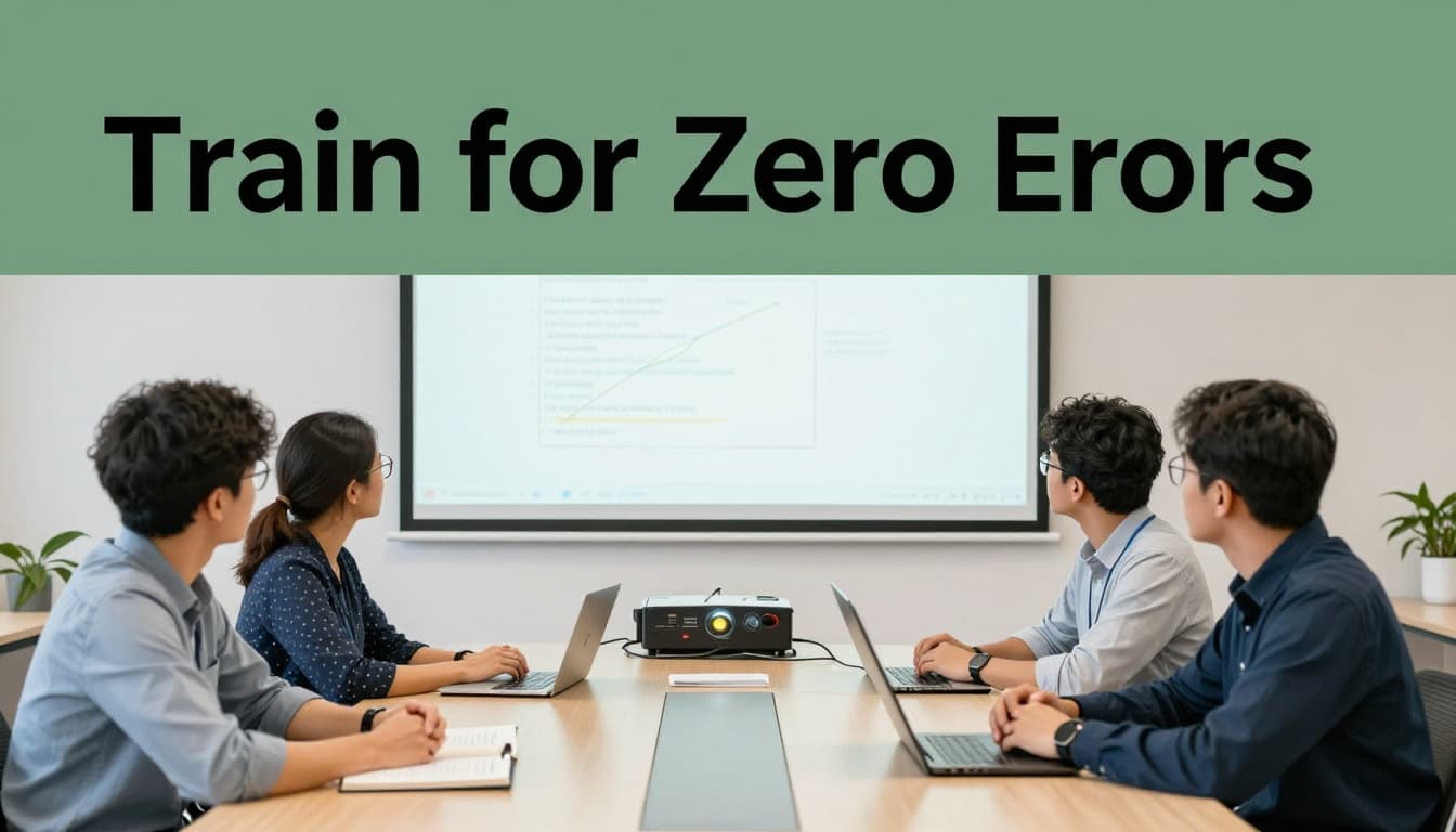 Group of four diverse employees engaged in a training session at a conference table with projector showing compliance charts in a bright conference room. Bold branded editorial style with headline 'Train for Zero Errors' on muted dark-green top band.