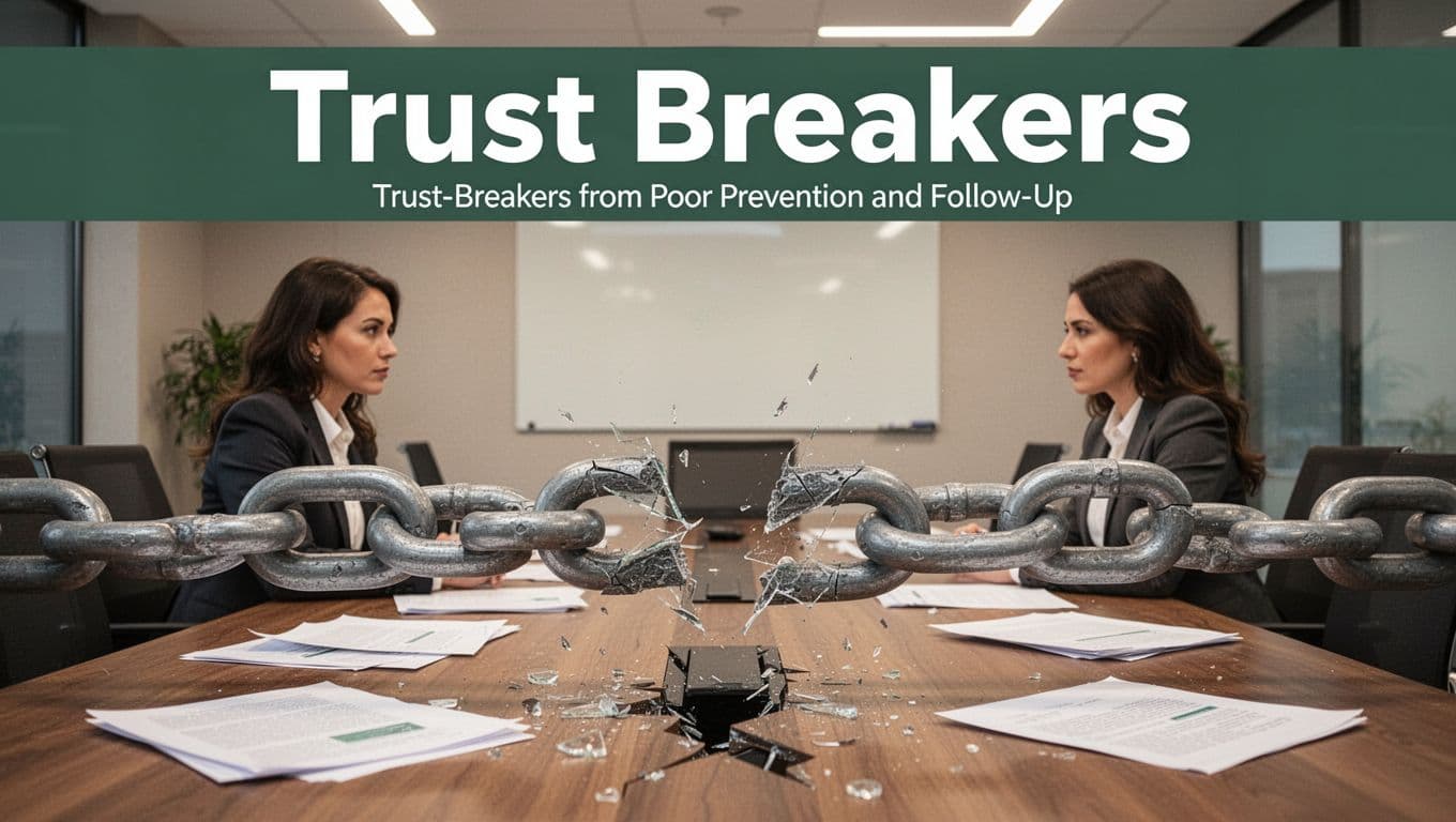 A broken chain link in the foreground symbolizes eroded trust between a customer service rep and client facing away from each other in a modern conference room with scattered papers. Bold headline 'Trust Breakers' appears in a dark-green band at the top.