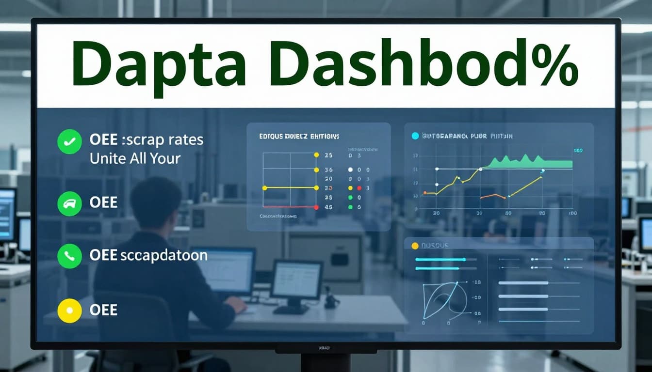 Digital dashboard on a large screen in a factory control room displays interconnected OEE, scrap rates, and color-coded green-yellow-red alerts, with blurred machinery background and a single silhouette at the desk under blue-toned lighting.