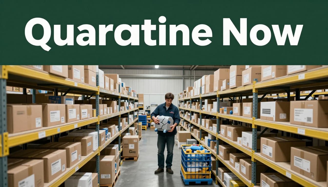 In a spacious industrial warehouse, a lone worker sorts defective product boxes into a quarantine area, holding a cracked plastic toy with relaxed hands, while good boxes are separated from bad ones by yellow tape against a backdrop of metal shelves.