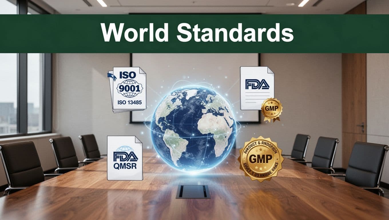 Icons representing ISO 9001, ISO 13485, FDA QMSR, and GMP standards as stylized documents and badges arranged around a glowing globe on a wooden conference table in a modern boardroom, with a muted dark-green header band featuring the bold headline 'World Standards'. Bold editorial illustration style with soft even lighting, subtle shadows, centered composition, no people or extra text.